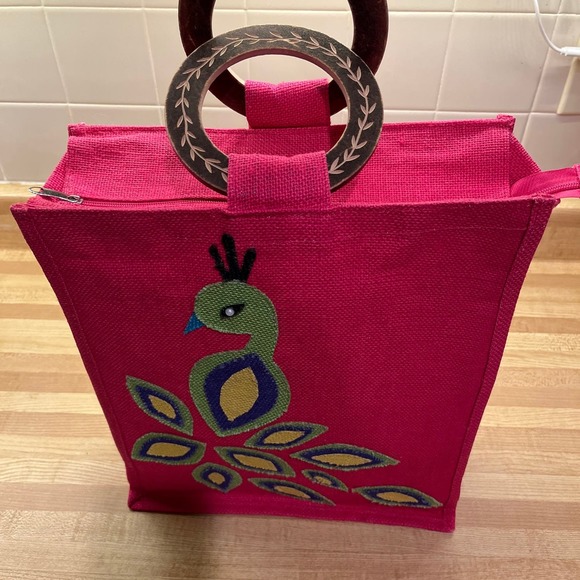Pink Tweed Bird Applique Wood Handle Tote Zippered Top - Picture 4 of 9